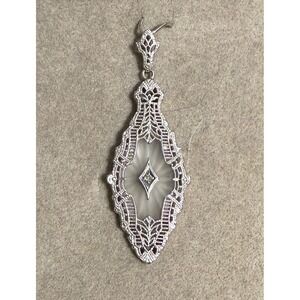 10K White Gold Camphor Glass Diamond Filigree Pendant 1 7/8"